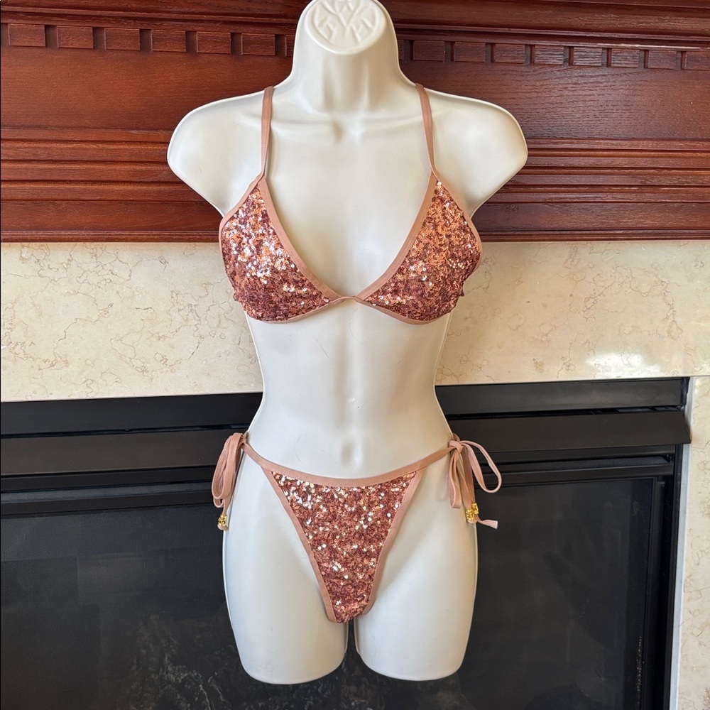 Fashion Nova Lindsey Bronze Sequin Triangle 2 Piece Bikini Cheeky Tie Straps